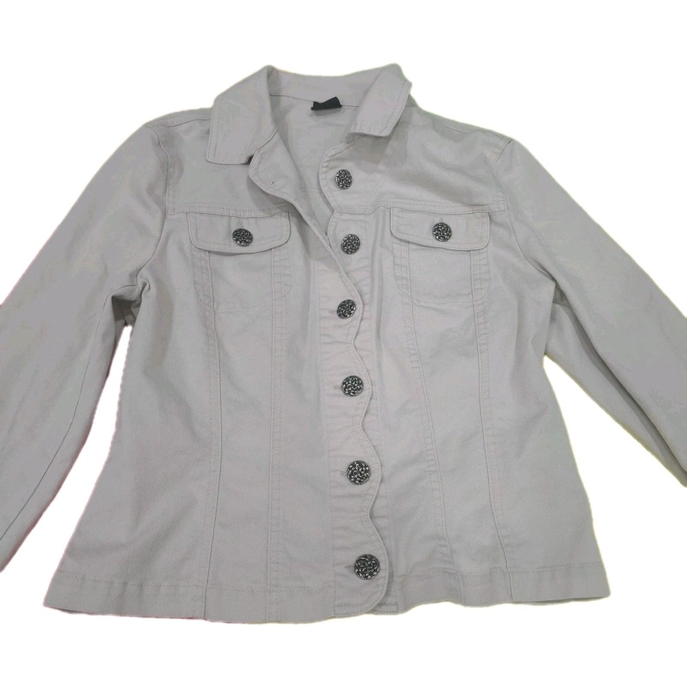 TRIBAL Light Grey Beige Denim Style Jacket Women's Size M Ornate Buttons EUC